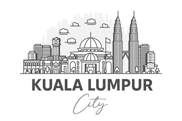 Obraz premium Kuala Lumpur, Malaysia architecture line skyline illustration with shadows. Linear vector cityscape with famous landmarks, city sights, design icons.