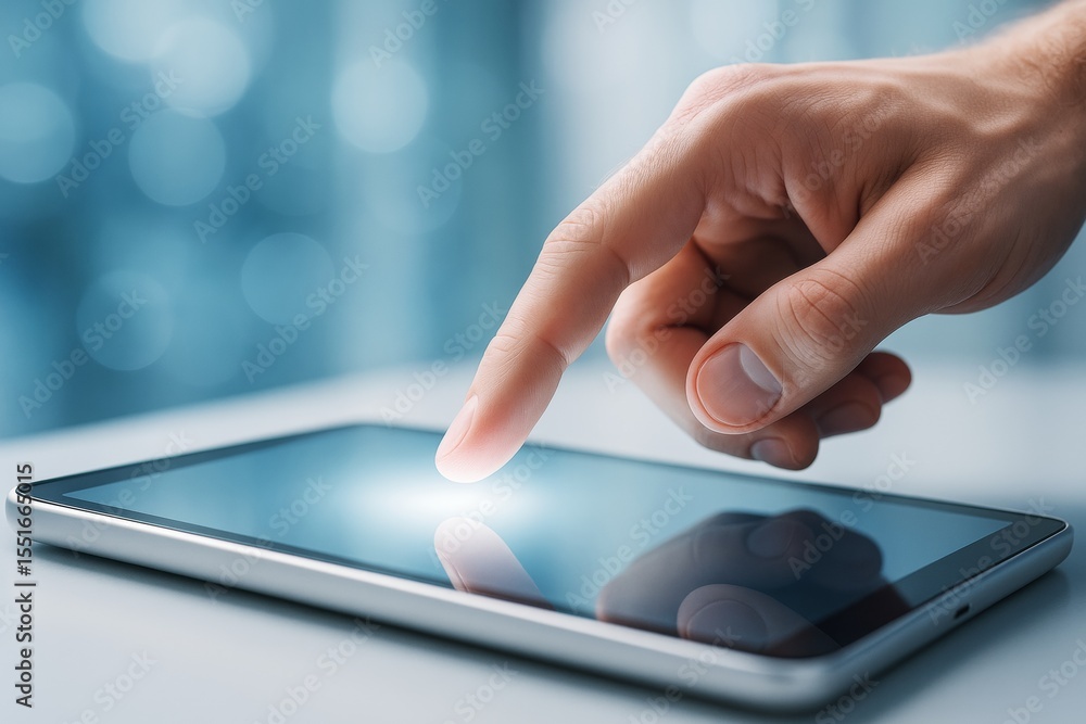 Poster Close-up of hand touching tablet screen with glowing light effect, modern technology interaction concept on soft abstract background.