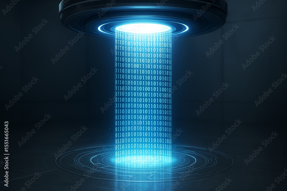 Poster Futuristic digital data beam with binary code and glowing blue light on dark background, representing advanced technology concept visualization.