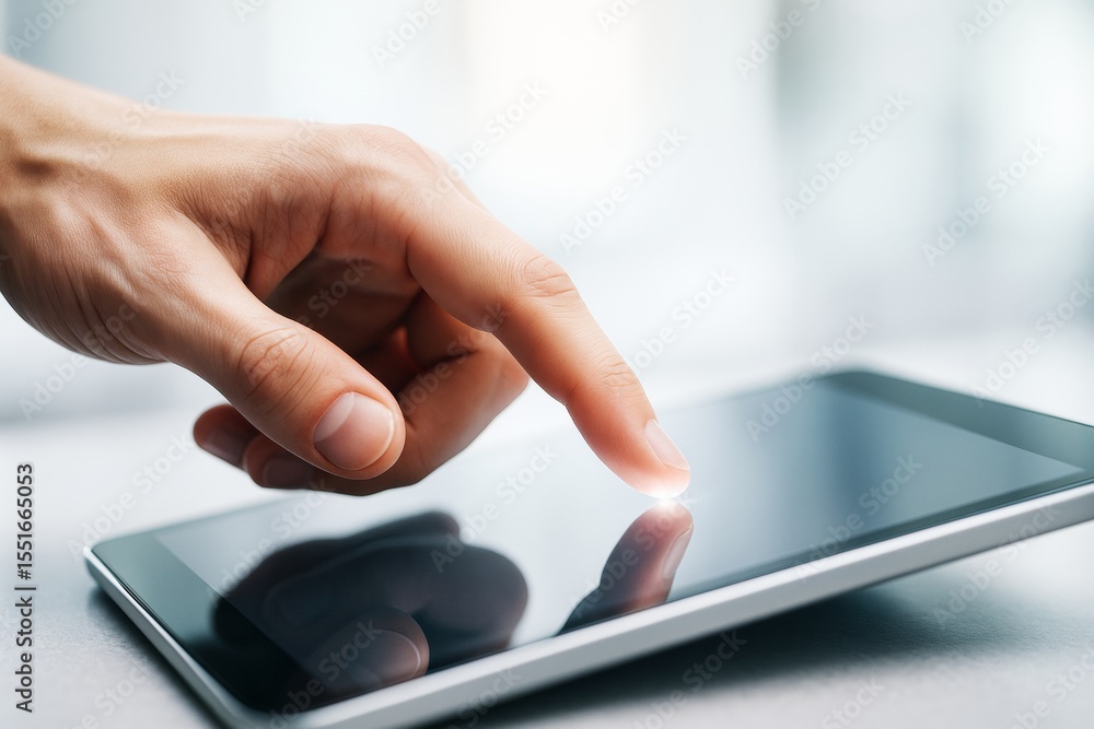 Poster close-up of human finger touching tablet screen with glowing point on modern digital device on light