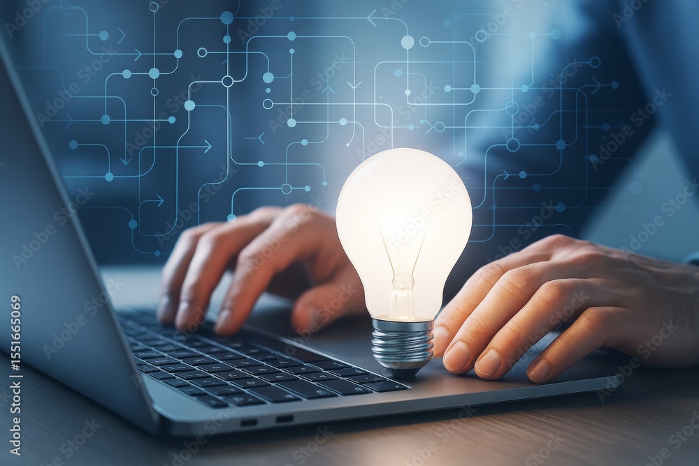 Poster Innovative tech concept with glowing light bulb on laptop and digital data network background symbolizing creative technology ideas and solutions.