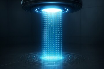 Futuristic digital data beam with binary code and glowing blue light on dark background, representing advanced technology concept visualization.