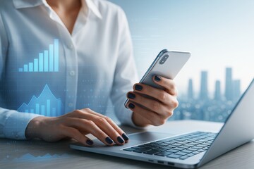 Businesswoman using smartphone and laptop with financial graphs on futuristic tech interface in office with city background and soft light.