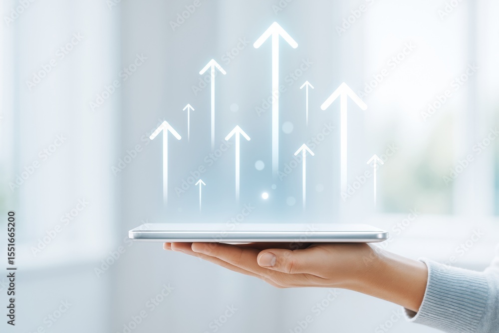 Poster hand holding tablet with glowing upward arrows symbolizing growth and progress on bright soft backgr