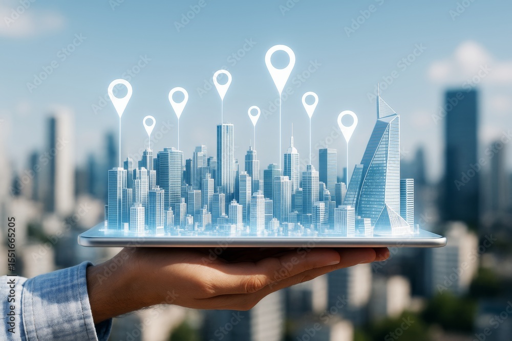 Poster futuristic cityscape with digital location markers displayed on tablet held by hand against urban sk