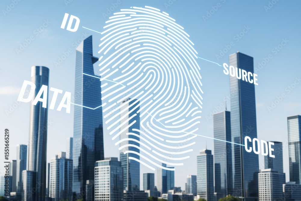 Poster digital fingerprint with id, data, source, and code labels over modern city skyline, symbolizing cyb