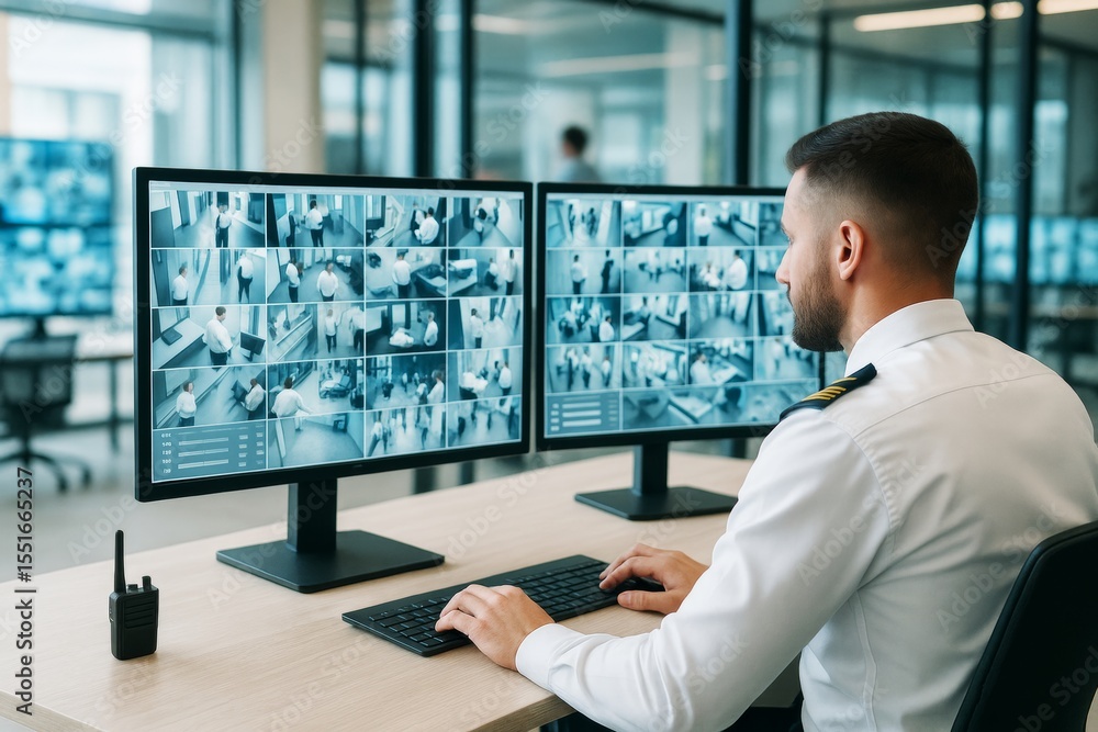Aufkleber security officer monitoring multiple surveillance camera feeds on dual monitors in a modern office e