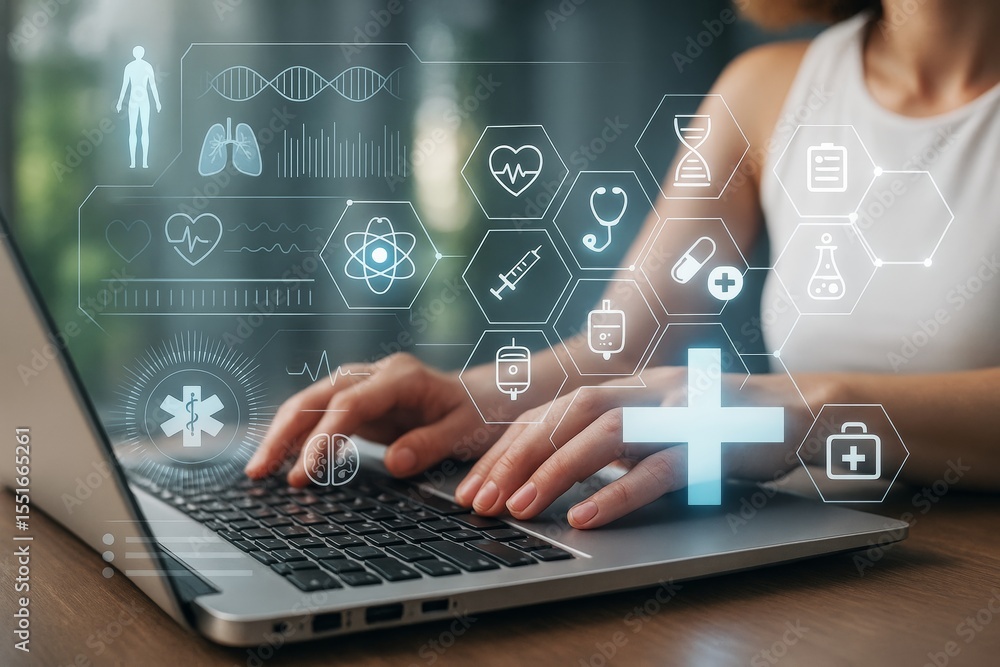 Poster woman typing on laptop with futuristic digital medical and health technology interface overlay on ab