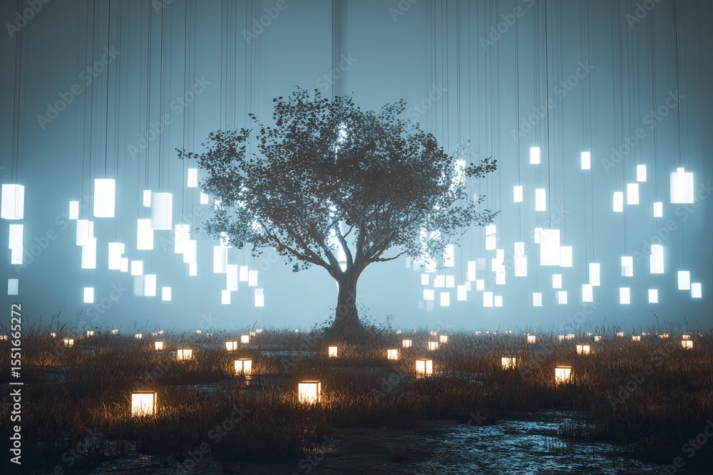 Poster the background is filled with white, glowing lights that create an ethereal atmosphere. in front of 