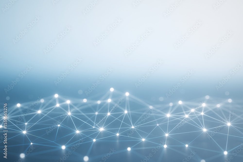 Poster Abstract digital network connections with glowing nodes on light blue background, representing futuristic technology concept and data communication.
