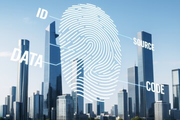 Digital fingerprint with ID, data, source, and code labels over modern city skyline, symbolizing cybersecurity and identity technology concept.