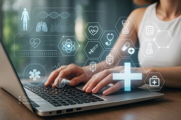 Woman typing on laptop with futuristic digital medical and health technology interface overlay on abstract background in bright light concept..