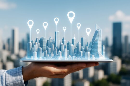 Futuristic cityscape with digital location markers displayed on tablet held by hand against urban skyline background using modern technology style.