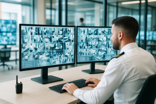 Security officer monitoring multiple surveillance camera feeds on dual monitors in a modern office environment with glass walls and bright light.