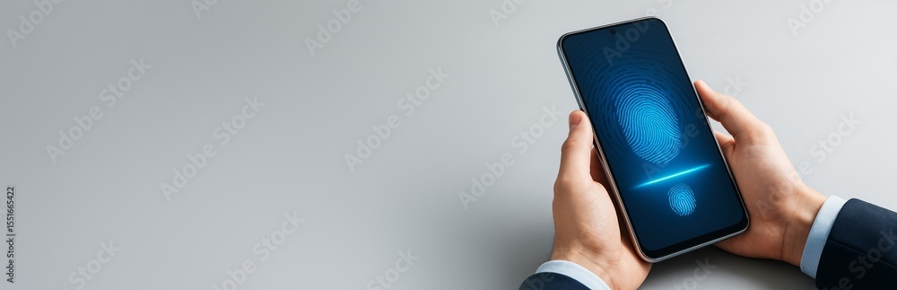 Poster businessman holding smartphone with biometric fingerprint scanner screen on gray background with cop