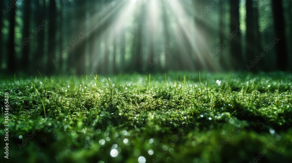 Poster a close-up image of glistening grass blades with morning dew, creating a serene and fresh atmosphere