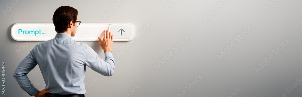 Poster Businessman interacting with futuristic prompt interface on light background for technology concept and creative promotion template design use.