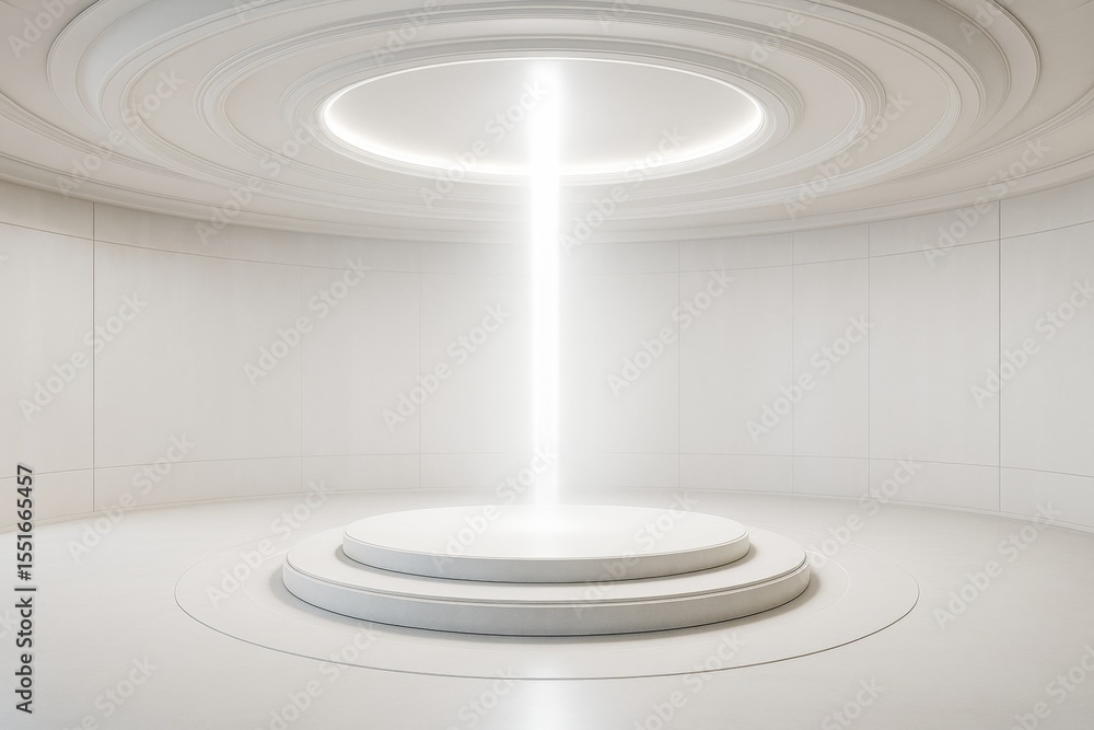 Poster futuristic white circular room with glowing central light beam over round podium, minimal tech inter