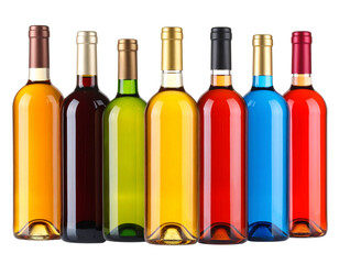  Colorful Assorted Liquor Bottles in Varied Shapes, Front Display Lineup, isolated on white background PNG