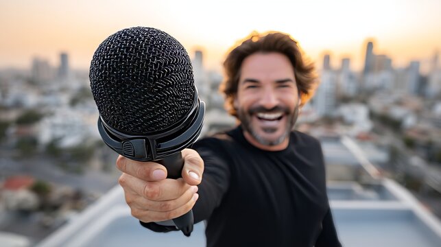 A man is positioned on a rooftop, grasping a microphone, as he seizes a moment of artistic vision or a captivating performance, set against the vibrant backdrop of an urban landscape, where