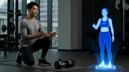 Man with dumbbells and holographic AI trainer in a gym