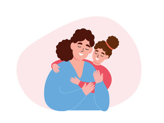 Little daughter hugs her mother. Love in the family. Vector flat graphic.