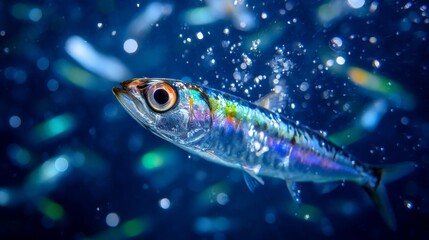 Fototapeta premium A breathtaking close-up photograph of a fish highlights its intricate details and vibrant colors, with water droplets adding to its freshness and allure in a dramatic market setting