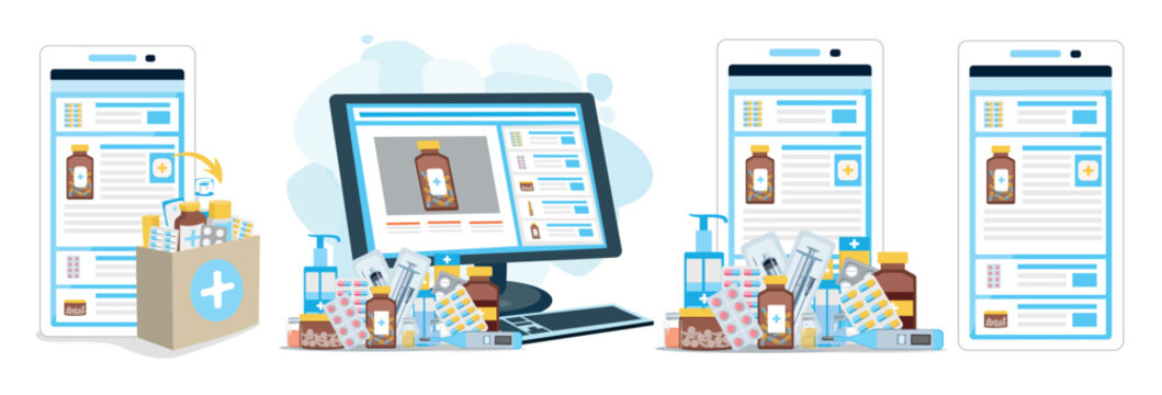 Set of vector illustrations of online pharmacy on white background. Health and medicine. Ordering medicines via application on smartphone, tablet or computer. Home delivery of medicines.