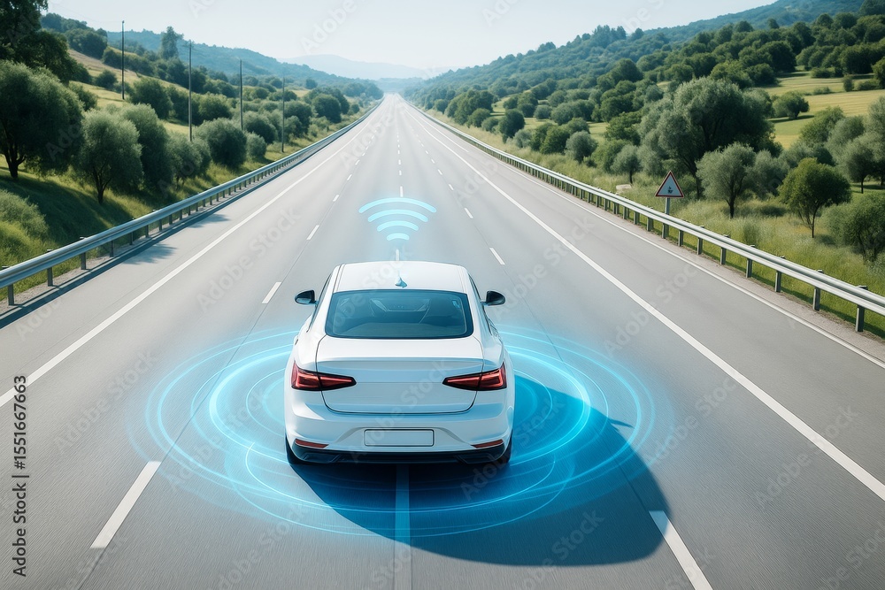 Aufkleber autonomous smart car driving on highway with digital communication signals and green landscape backg