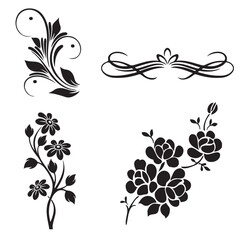 Floral vector set with decorative elements and vintage swirl patterns