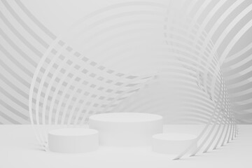 Set of three white round podiums on mesmerizing geometric lines background, swirls, smooth curves...