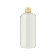 Stylish, tall plastic bottle filled with pale gray oil, featuring a metallic gold cap, mockup, isolated. Simple design are ideal for high-end cosmetic lines, natural therapies or skincare essentials.