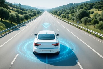 Autonomous smart car driving on highway with digital communication signals and green landscape background in daylight. Ai generative.