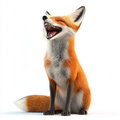 Joyful Red Fox Sitting Against White Background