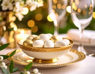 Dragées blanches et dorées dans un petit plat argenté sur une table décorée et festive. Generated image
