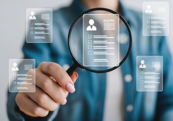 Resume review with magnifying glass on white background