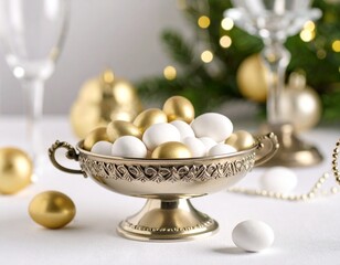 Dragées blanches et dorées dans un petit plat argenté sur une table décorée et festive. Generated image