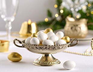 Dragées blanches et dorées dans un petit plat argenté sur une table décorée et festive. Generated image