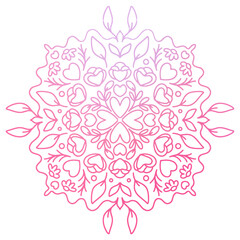 Cute Floral Mandala Design with Hearts and Flowers in Pink Gradient Line Art