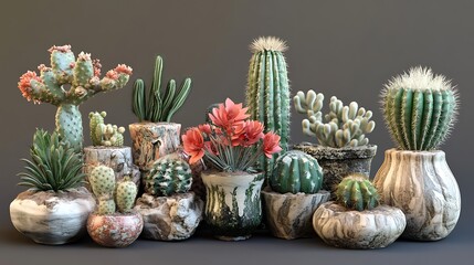 A Diverse Collection of Cacti and Succulents in Elegant Pots