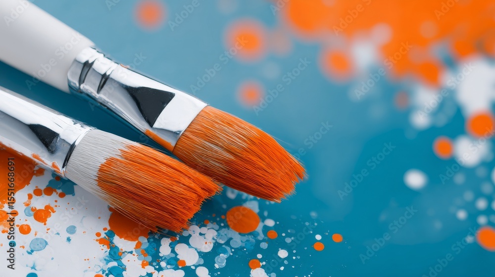 Aufkleber a textured canvas serves as the backdrop for a close-up of paintbrushes, accompanied by blue and bro