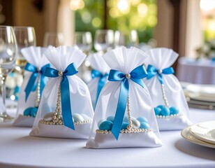 Petits sachets en tulle joliment décorés avec rubans et perles, contenant des dragées dans une ambiance festive. . Generated image