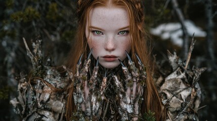A humanoid witch with intricate details, autumnal fiery locks, onyx-colored eyes, and skin that resembles tree bark, wears whimsical black clothing paired with green gloves, embodying a blend of