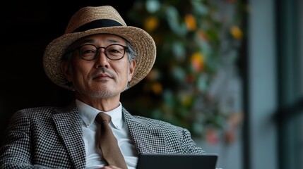 An elegantly dressed man in a hat and glasses poses confidently, showcasing a captivating blend of fashion and personality, perfect for lifestyle and portrait photography.