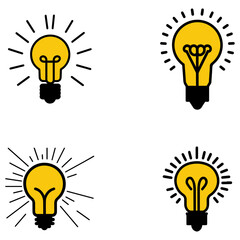 set of Yellow light bulb Icons in a linear style. concept of ideas and inspiration. Bright Idea Symbols in Minimal Vector Style with Radiating Lines