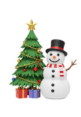 3d Render Christmas Tree And Snowman With Presents Holiday Season
