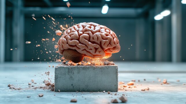 This intriguing image captures a brain breaking apart on a concrete block, surrounded by bursts of energy that symbolize creativity, intelligence, and explosive ideas.