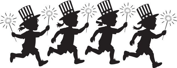 Four Silhouettes Children Running Sparklers Uncle Sams Hats vector