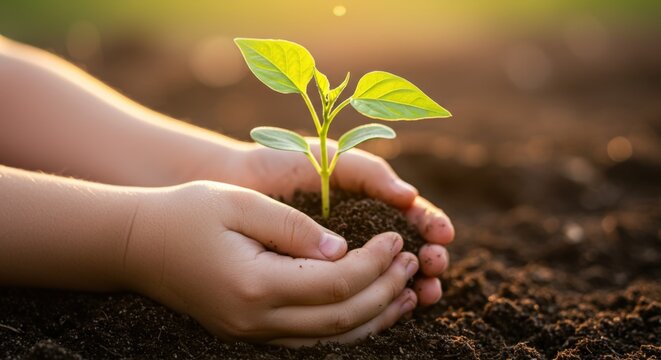 Childs hands gently holding a young green plant seedling in rich soil at sunset