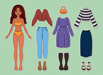 Pretty paper doll illustration with clothers. Design vector set of clothers for cut out paper doll. Printable cute paper doll set